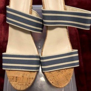 Blue & White Stripe Cork Platform Sandals 4" Heel, 1" Platform